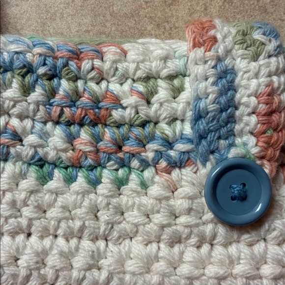 New Handcrafted Crochet Ivory With Blue/Pink/Green Crossbody Tote Bag - Picture 3 of 8